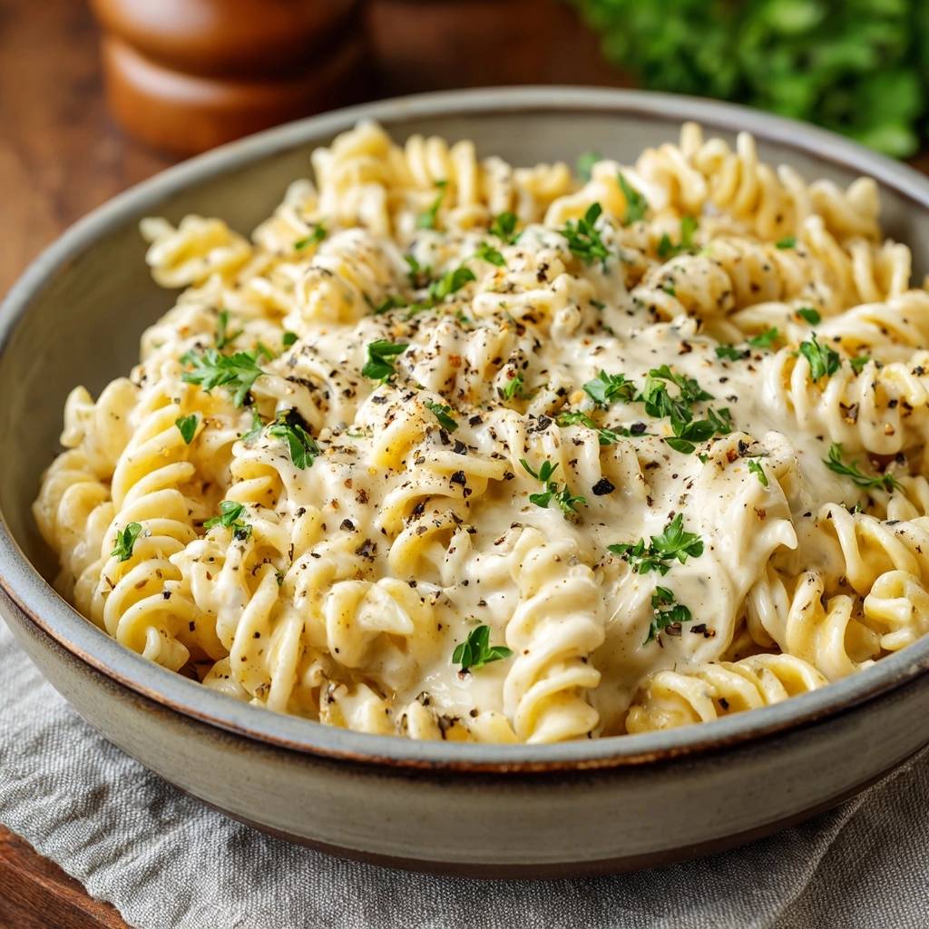 Cremige Fusilli Cacio e Pepe mit frischer Petersilie und schwarzem Pfeffer garniert in einer Schüssel.