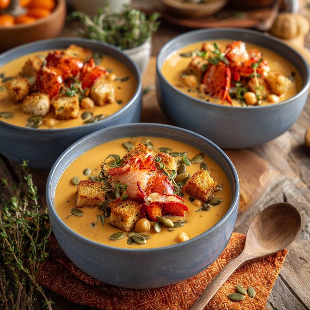 Cremige Hummer-Bisque mit Kichererbsen, garniert mit Hummerfleisch, Croutons und Kürbiskernen.