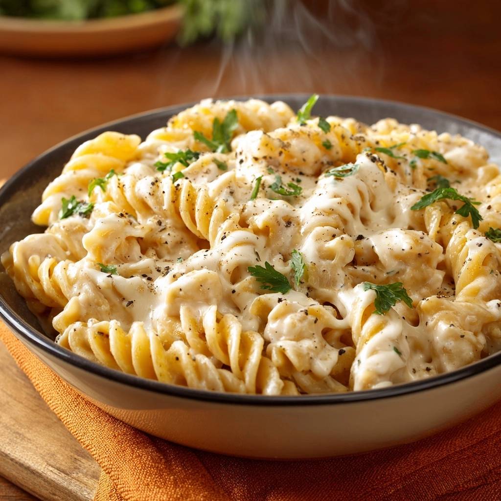 Cremige Käse-Fusilli mit frischer Petersilie und schwarzem Pfeffer, aus denen leichter Dampf aufsteigt.