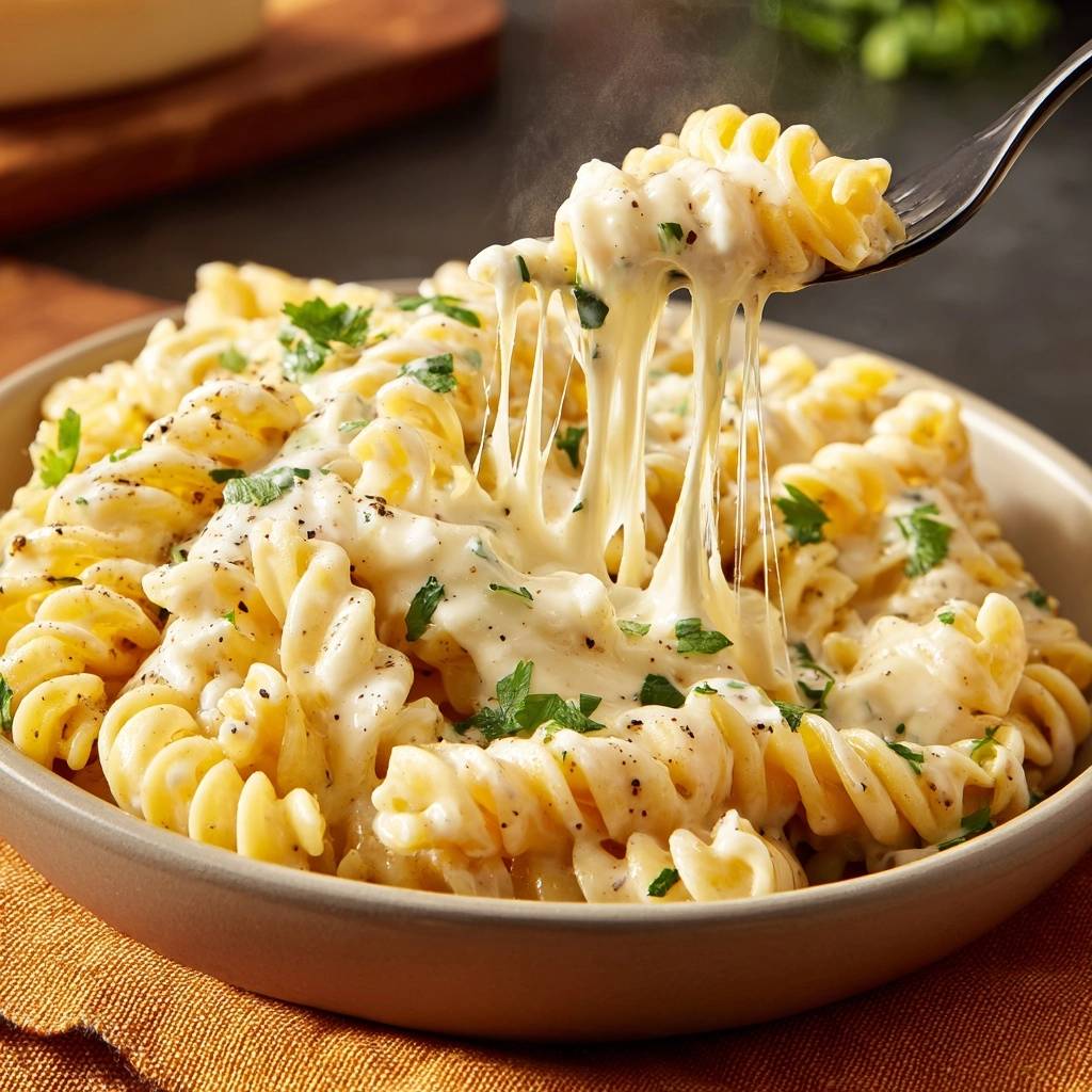 Cremige Käse-Fusilli mit geschmolzenem Käse, der an einem Löffel von der Gabel herunterhängt, mit frischer Petersilie garniert.