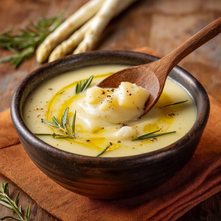Cremige Kartoffel-Spargel-Suppe mit einem Holzloeffel voller Suppe und Kartoffelstuecken, garniert mit Rosmarin.