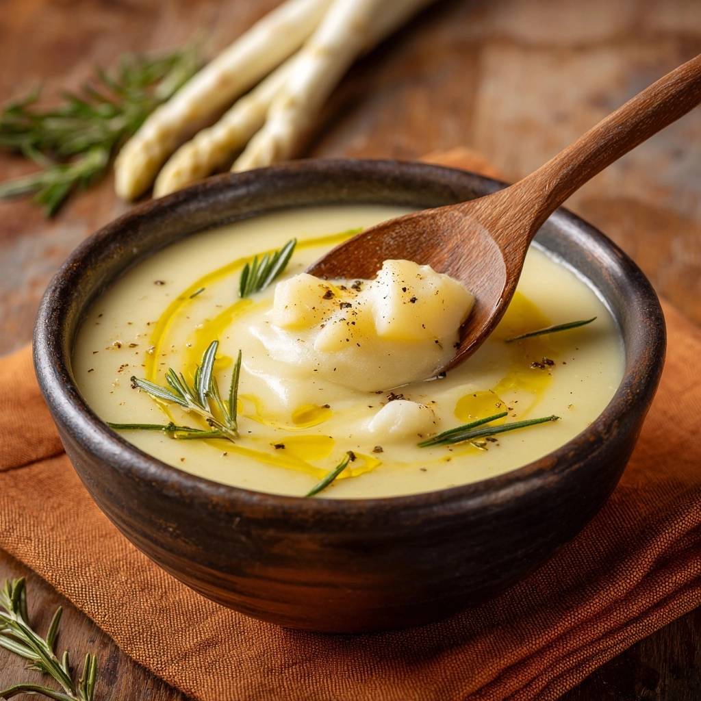 Cremige Kartoffel-Spargel-Suppe mit einem Holzloeffel voller Suppe und Kartoffelstuecken, garniert mit Rosmarin.