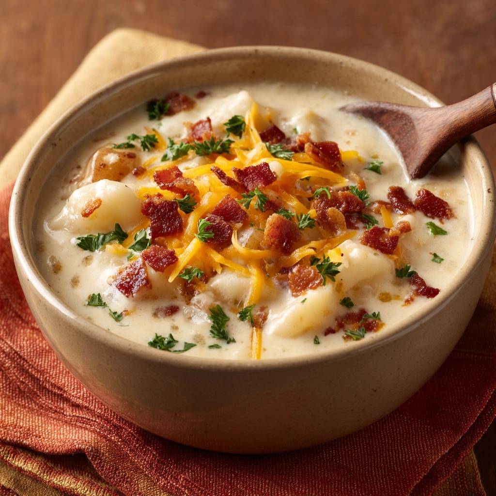 Cremige Kartoffelsuppe mit Speck und Cheddar, garniert mit frischer Petersilie und einem Holzlöffel.