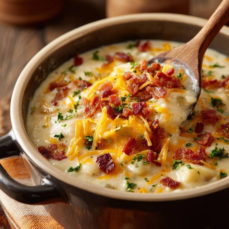 Cremige Kartoffelsuppe mit Speck und Cheddar, nahaufnahme mit Holzlöffel beim Servieren