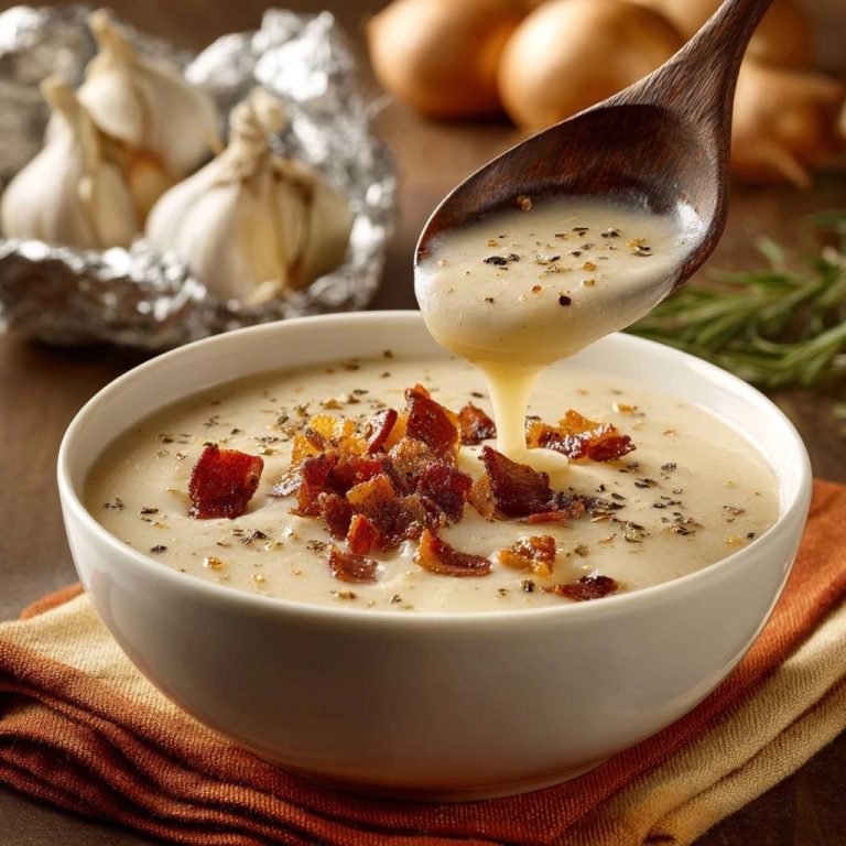 Cremige Knoblauch-Kartoffelsuppe mit Bacon, serviert in einer weißen Schüssel und mit knusprigen Speckwürfeln garniert.