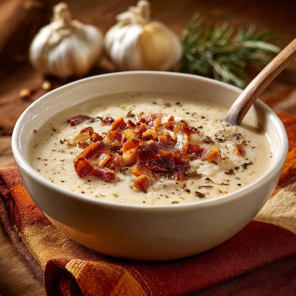 Cremige Knoblauch-Kartoffelsuppe mit Bacon, garniert mit Kräutern und serviert in einer Schüssel mit einem Holzlöffel.