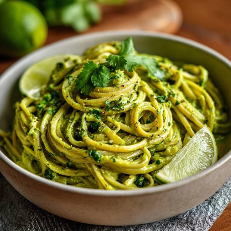 Cremige Koriander-Limetten-Spaghetti als Nahaufnahme mit frischen Limettenspalten und Koriander garniert