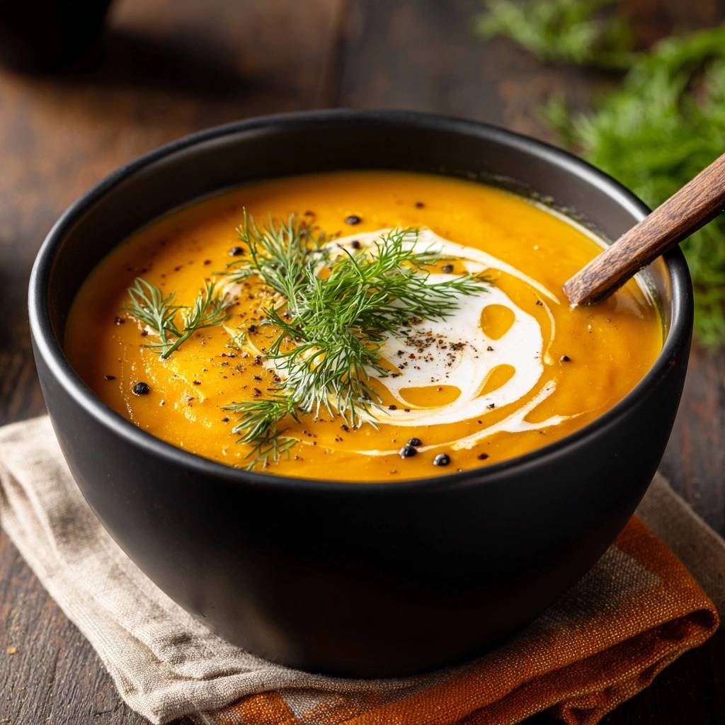 Cremige Kürbissuppe mit Dill, garniert mit einem Klecks Sahne und frischem Dill, in einer schwarzen Schüssel.