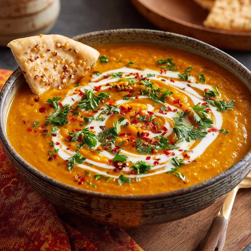 Cremige Kürbissuppe mit Sesam-Naan, garniert mit frischer Petersilie und einem Swirl aus Sahne.