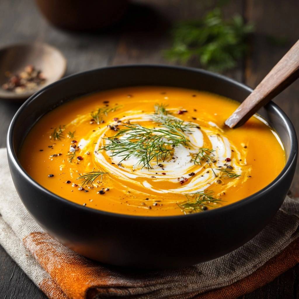 Cremige Kürbissuppe mit Dill, detailreich garniert mit Sahnewirbel und frischen Kräutern in einer schwarzen Schüssel.