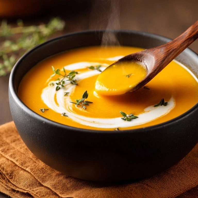 Cremige Kürbissuppe mit Thymian, serviert in einer schwarzen Schüssel mit einem Holzlöffel, der eine Portion zeigt.