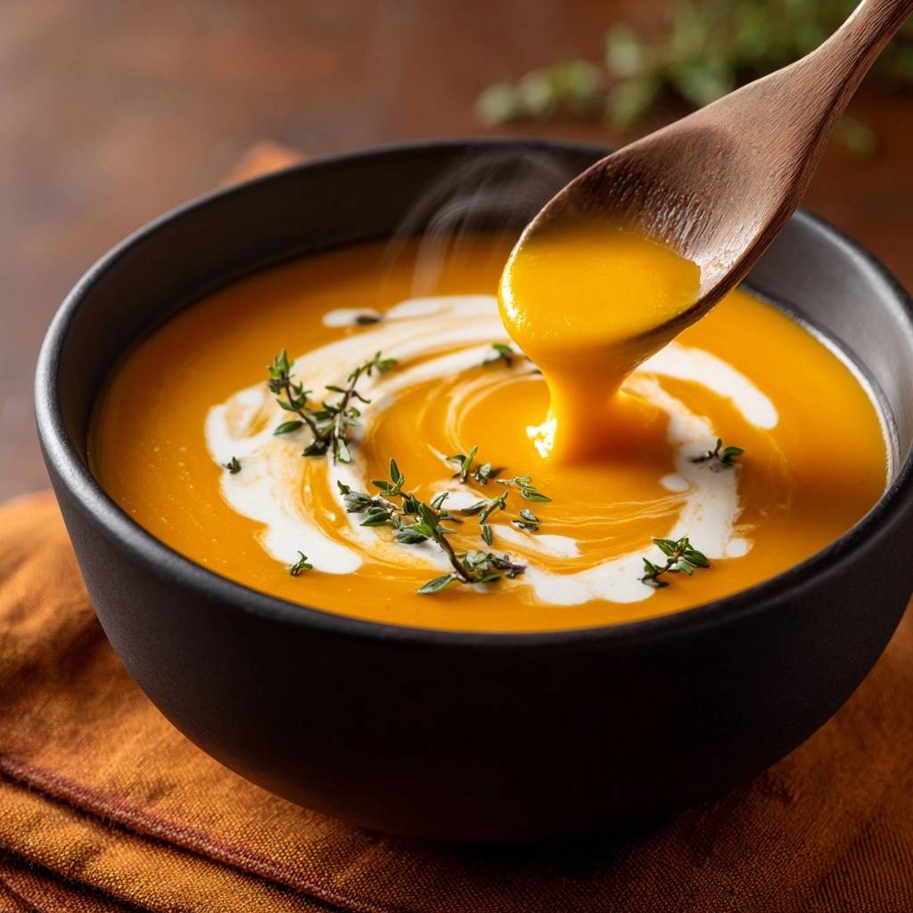 Cremige Kürbissuppe mit Thymian, aus einem Holzlöffel tropft die Suppe in die Schüssel.