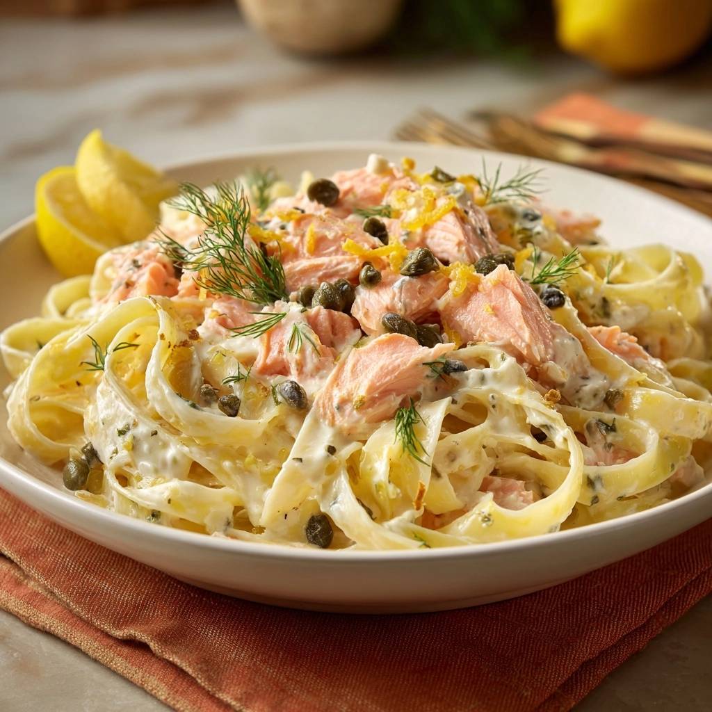 Cremige Lachs-Tagliatelle mit Zitrone und Kapern, serviert auf einem Teller mit frischem Dill und Zitronenspalten, Nahaufnahme der Pasta.