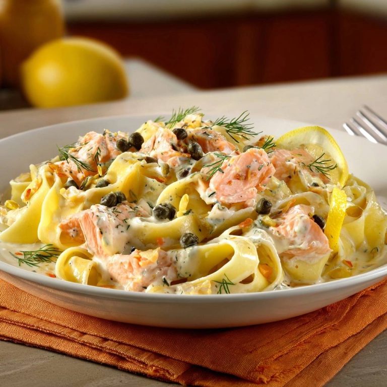 Cremige Lachs-Tagliatelle mit Zitrone und Kapern, nah aufgenommen und mit Dill und Kapern garniert.