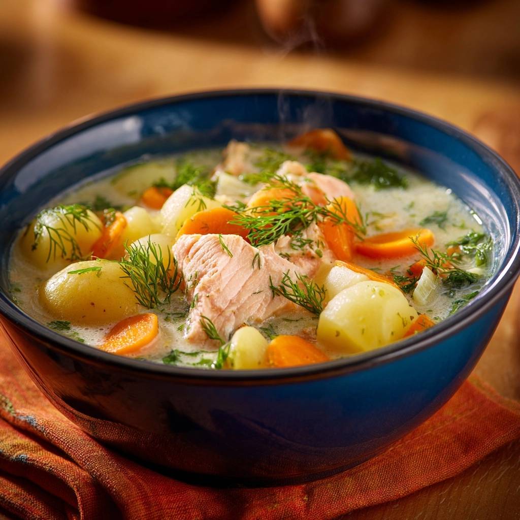 Cremige Lachssuppe mit Kartoffeln, Karotten und Dill, mit aufsteigendem Dampf in einer blauen Schüssel serviert.