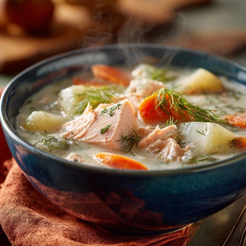 Cremige Lachssuppe mit Kartoffeln, Karotten und Dill, dampfend heiss in einer blauen Schüssel serviert.