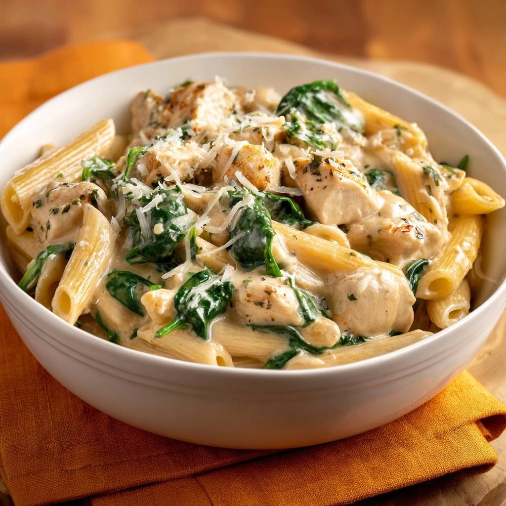 Cremige Penne mit Hähnchen und Spinat in einer weißen Schüssel, Nahaufnahme mit geschmolzenem Käse und Kräutern.