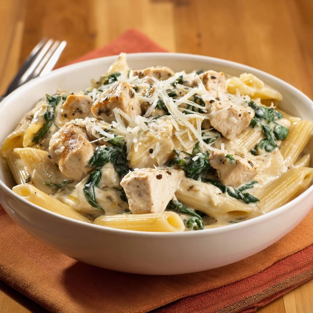 Cremige Penne mit Hähnchen und Spinat, eine Nahaufnahme des im Teller servierten Gerichts, bestreut mit geriebenem Käse.