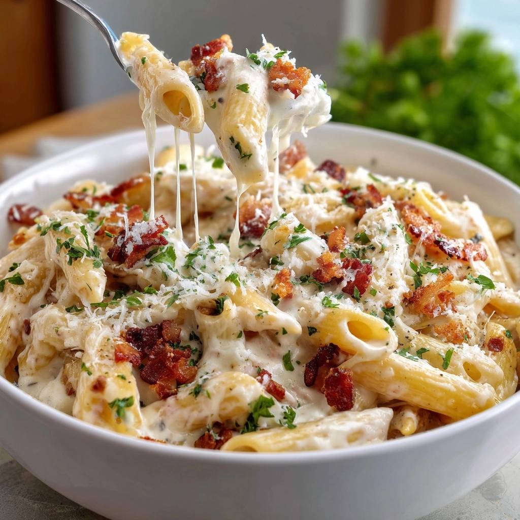 Cremige Penne mit knusprigem Putenbacon, eine Nahaufnahme, die den geschmolzenen Käse und die Garnitur zeigt.