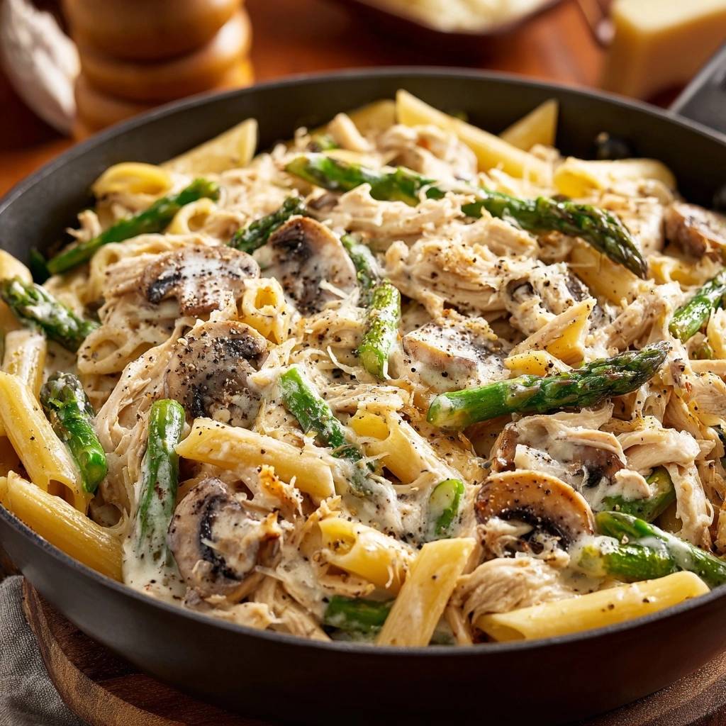 Cremige Penne mit Hähnchen, Spargel & Champignons als Nahaufnahme in einer Pfanne serviert.
