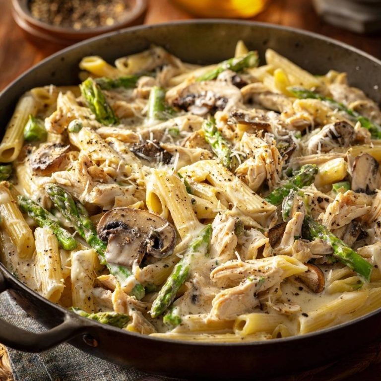 Cremige Penne mit Hähnchen, Spargel & Champignons in einer Pfanne, Nahaufnahme der cremigen Sauce und Zutaten