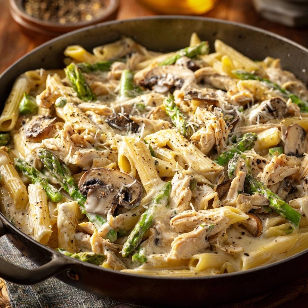 Cremige Penne mit Hähnchen, Spargel & Champignons in einer Pfanne, Nahaufnahme der cremigen Sauce und Zutaten