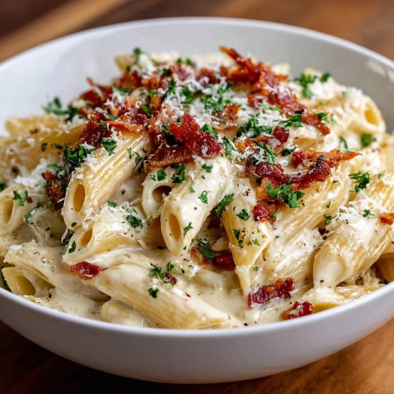 Cremige Penne mit knusprigem Putenbacon, garniert mit Petersilie und geriebenem Parmesan, in einer weißen Schüssel.