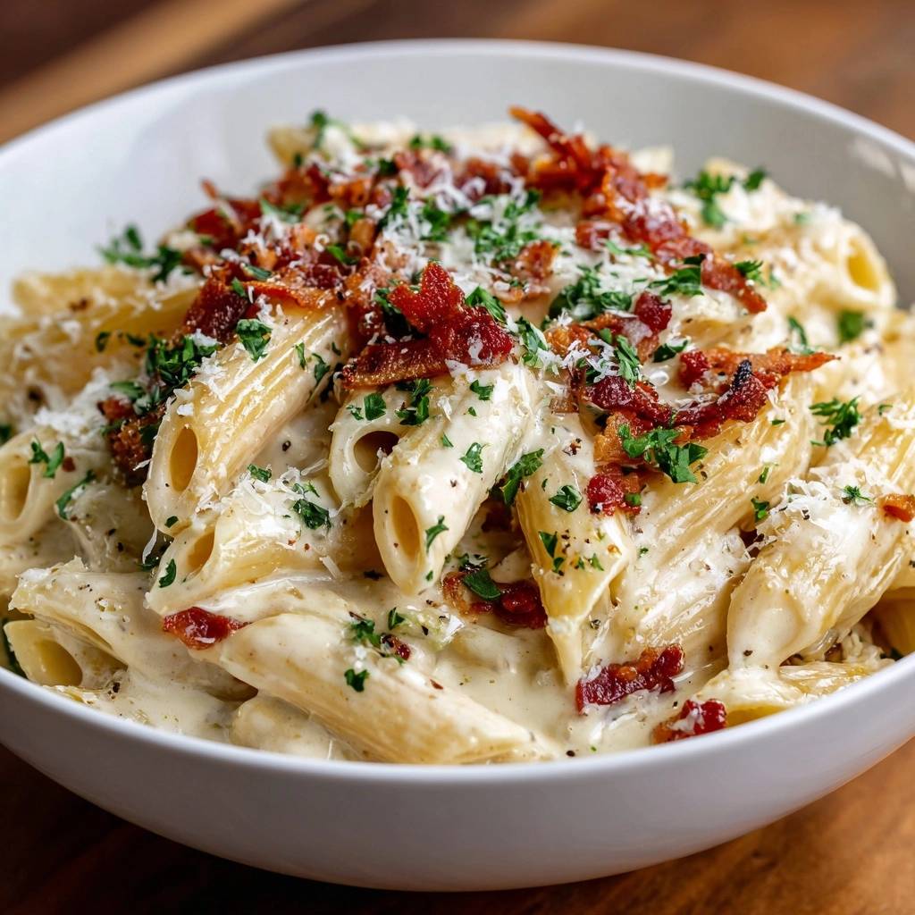 Cremige Penne mit knusprigem Putenbacon, garniert mit Petersilie und geriebenem Parmesan, in einer weißen Schüssel.