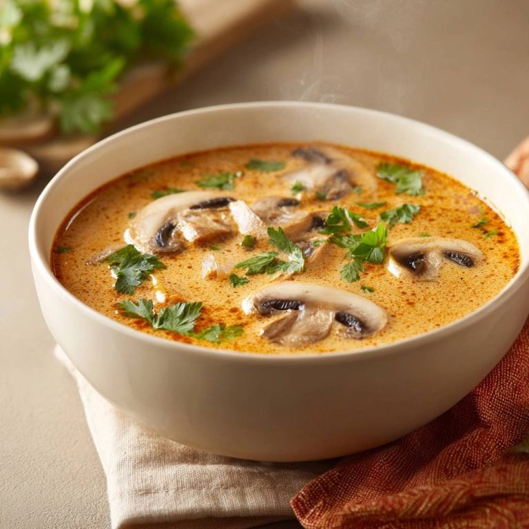 Cremige Pilz-Curry-Suppe dampfend in einer Schüssel, garniert mit frischer Petersilie und Pilzscheiben.