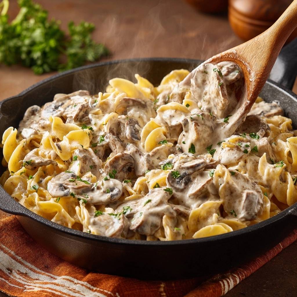 Cremige Pilz-Pasta aus der Pfanne wird mit einem Holzlöffel aus der Pfanne gehoben.