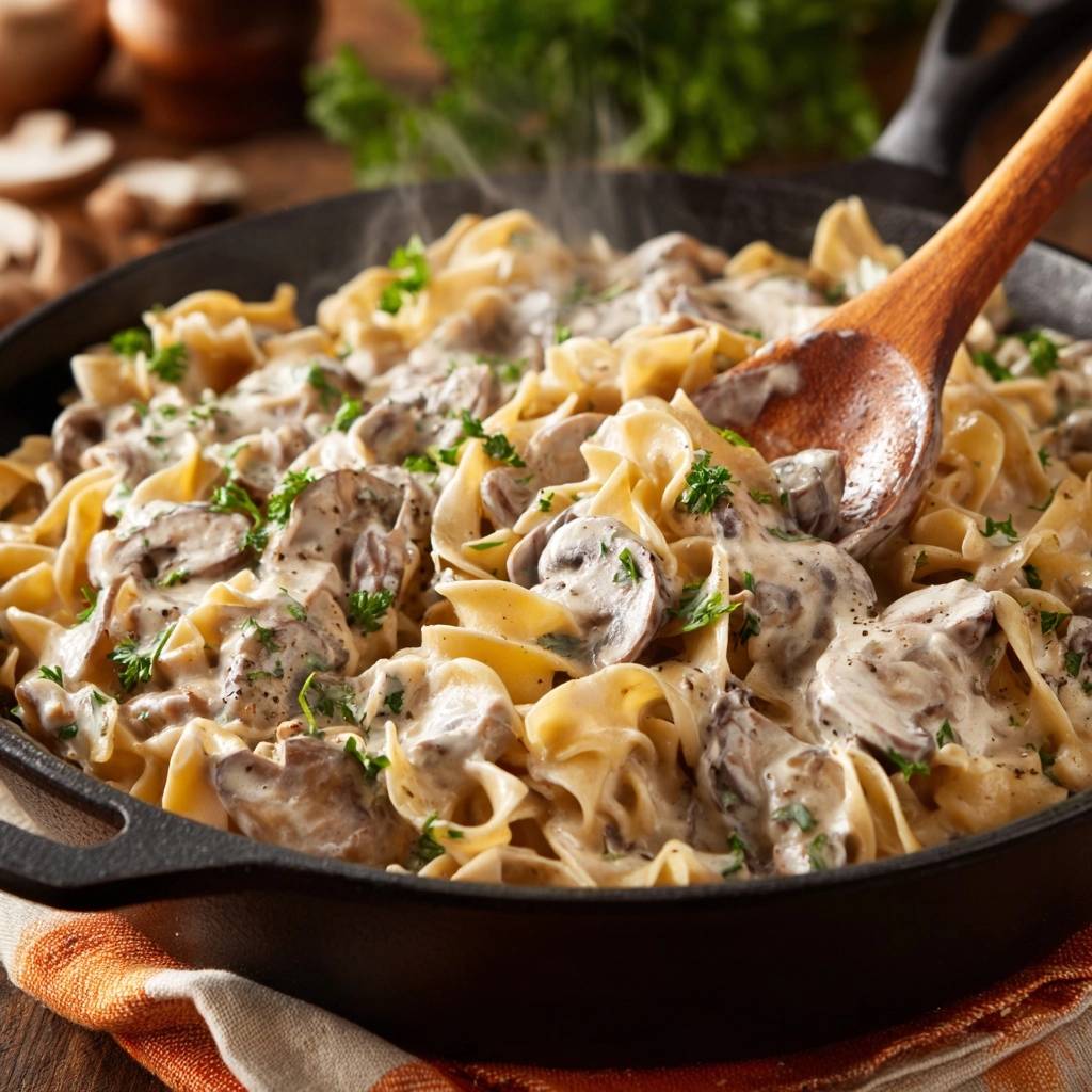 Cremige Pilz-Pasta aus der Pfanne in einer gusseisernen Pfanne mit Dampf und einem Holzlöffel.