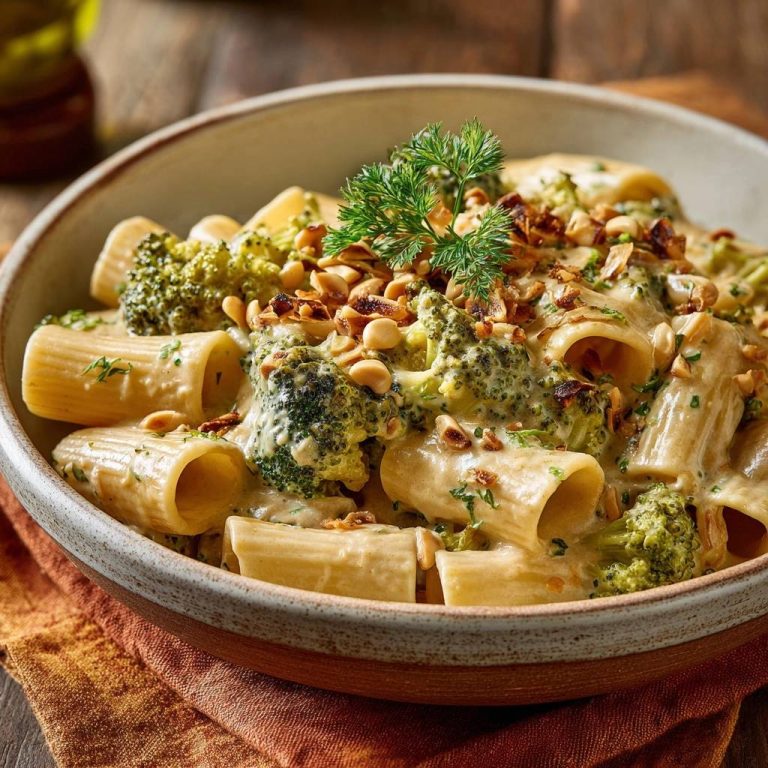 Cremige Rigatoni mit Brokkoli und Erdnüssen, garniert mit frischen Kräutern und gehackten Erdnüssen, Nahaufnahme der cremigen Sauce.