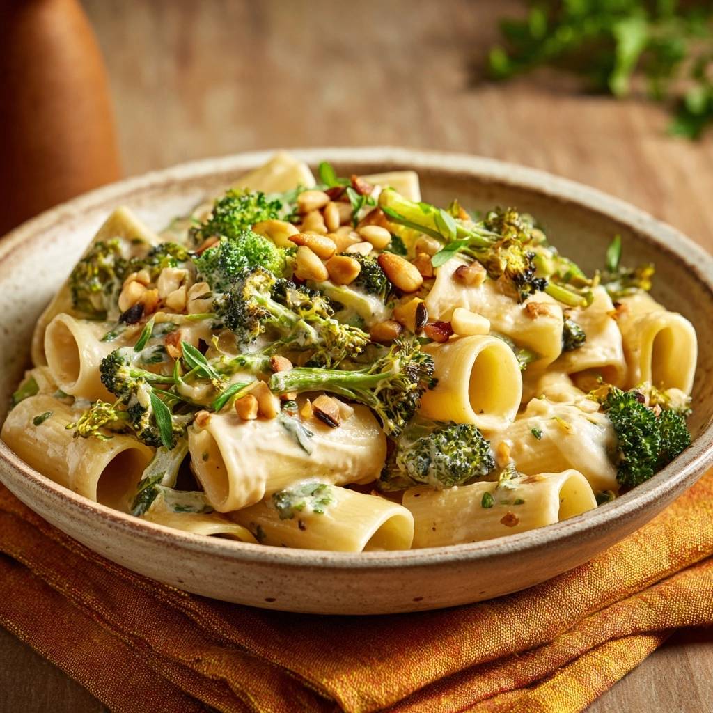 Cremige Rigatoni mit Brokkoli und Erdnüssen, serviert in einer Schüssel mit einer Nahaufnahme der Nudeln und des cremigen Sugos.
