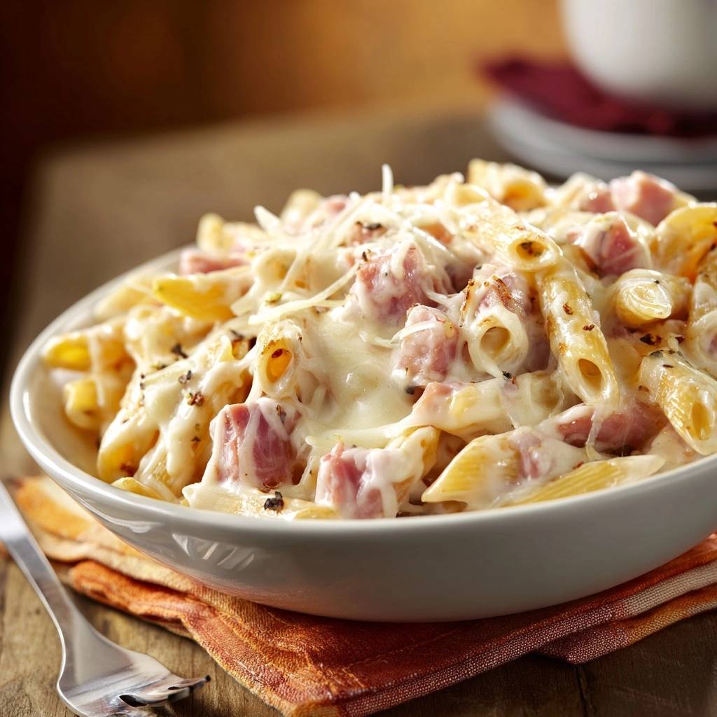 Cremige Schinken-Penne aus dem Instant Pot, nahaufnahme der Penne mit Schinken und geschmolzenem Käse