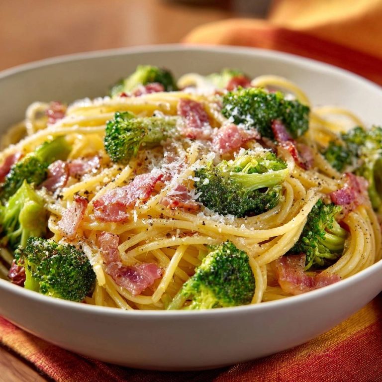 Cremige Spaghetti mit Brokkoli und Bacon, nahaufnahme der Nudeln mit Brokkoliröschen und Speckwürfeln garniert.