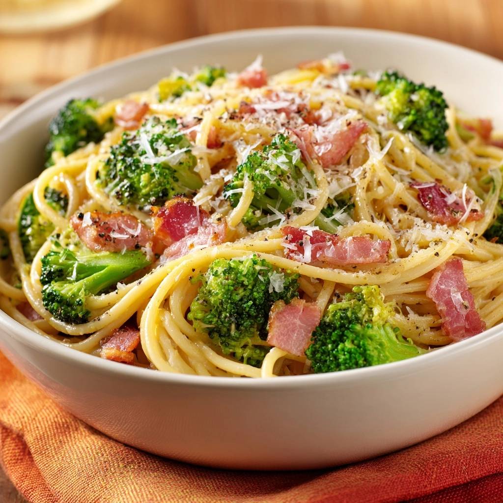 Cremige Spaghetti mit Brokkoli und Bacon, eine Nahaufnahme der dampfenden Pasta mit Speckstücken und geriebenem Käse.