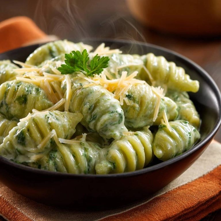Cremige Spinat-Fusilli, detailaufnahme eines dampfenden Tellers mit geriebenem Käse und frischer Petersilie garniert.