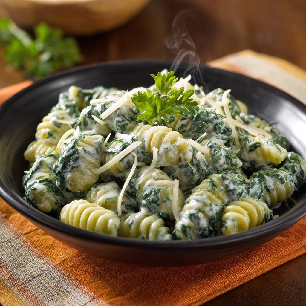 Cremige Spinat-Fusilli als heisse Portion im schwarzen Teller, mit Parmesan und Petersilie garniert, Nahaufnahme