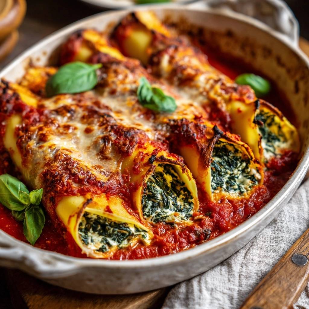 Cremige Spinat-Ricotta-Cannelloni im Ofen mit geschmolzenem Käse und frischem Basilikum, nahaufnahme der gefüllten Nudeln.