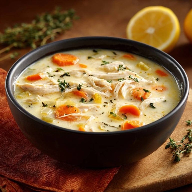 Cremige Zitronen-Hähnchensuppe mit Karotten und Huhn in einer schwarzen Schüssel, nah aufgenommen.