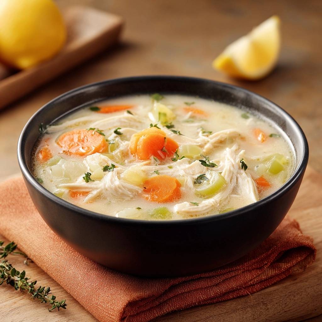 Cremige Zitronen-Hähnchensuppe mit Karotten und Sellerie, serviert in einer schwarzen Schüssel auf einem orangefarbenen Tuch.