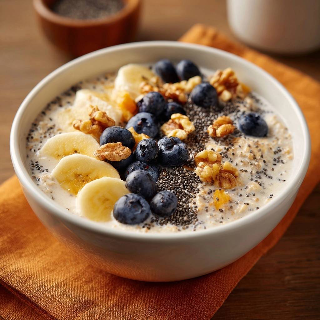 Cremiger Blaubeer-Bananen-Haferbrei, garniert mit frischen Blaubeeren, Bananenscheiben und Walnüssen in einer weißen Schüssel auf einem orangefarbenen Tuch.