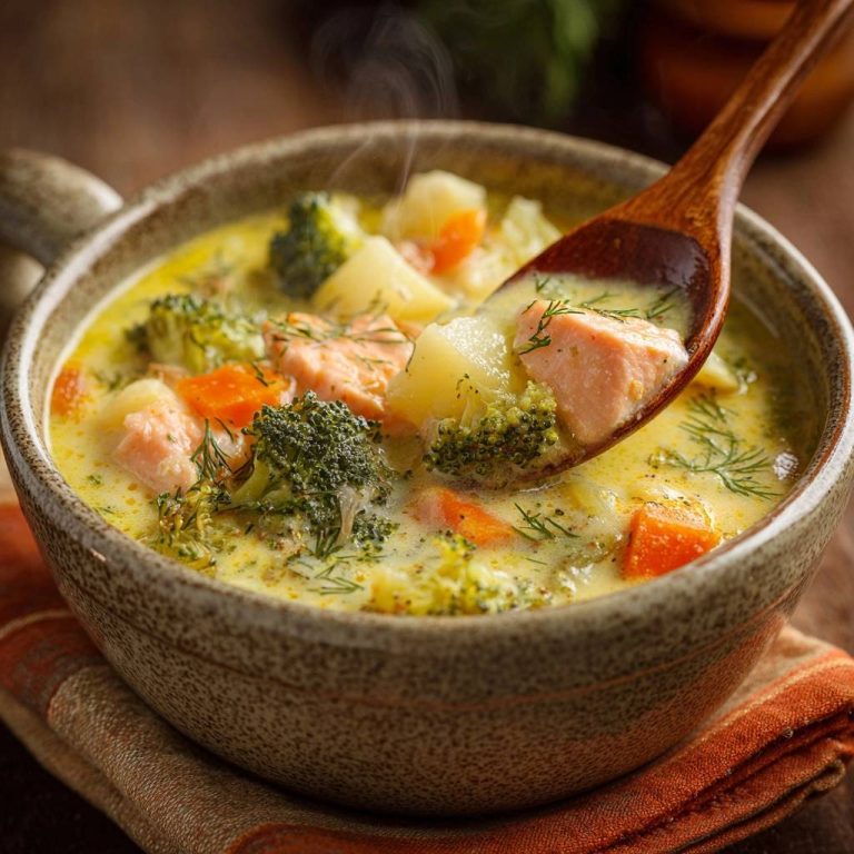 Cremige Brokkoli-Lachs-Suppe mit einem Holzlöffel, der eine Portion mit Lachs, Brokkoli und Kartoffeln zeigt.