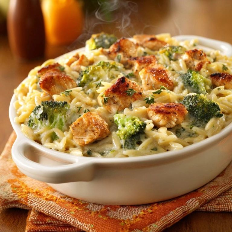 Cremiger Hähnchen-Brokkoli-Orzo-Auflauf mit gebratenen Hähnchenstücken und Brokkoli, nahaufnahme des dampfenden Gerichts.