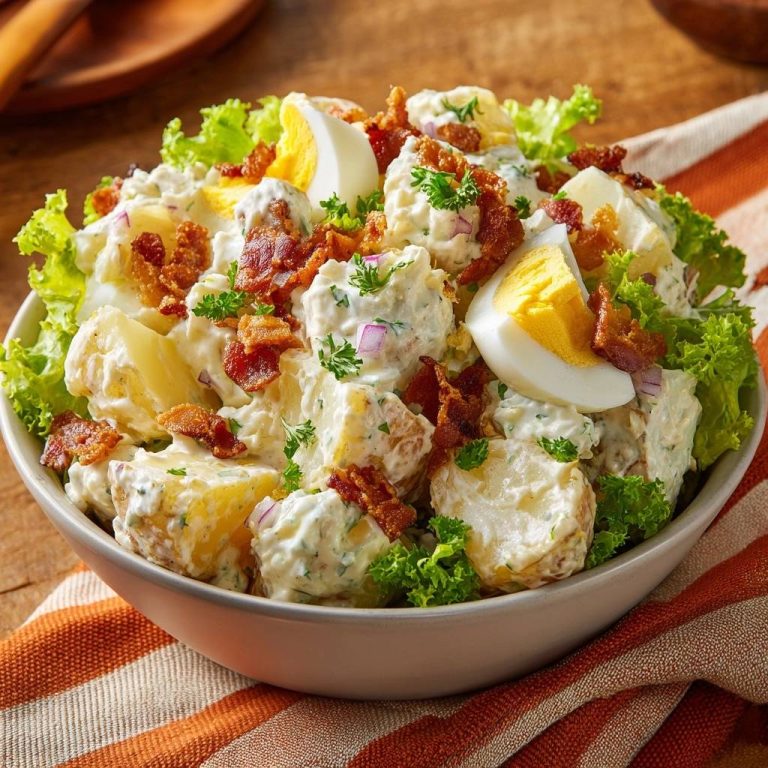Cremiger Kartoffelsalat mit Ei und Bacon, garniert mit frischer Petersilie und knackigem Salat.