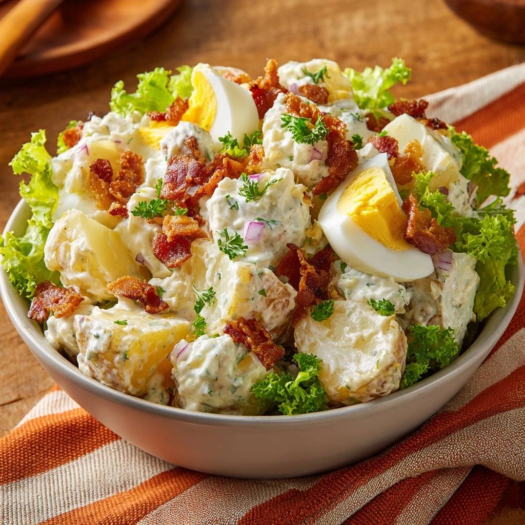 Cremiger Kartoffelsalat mit Ei und Bacon, garniert mit frischer Petersilie und knackigem Salat.