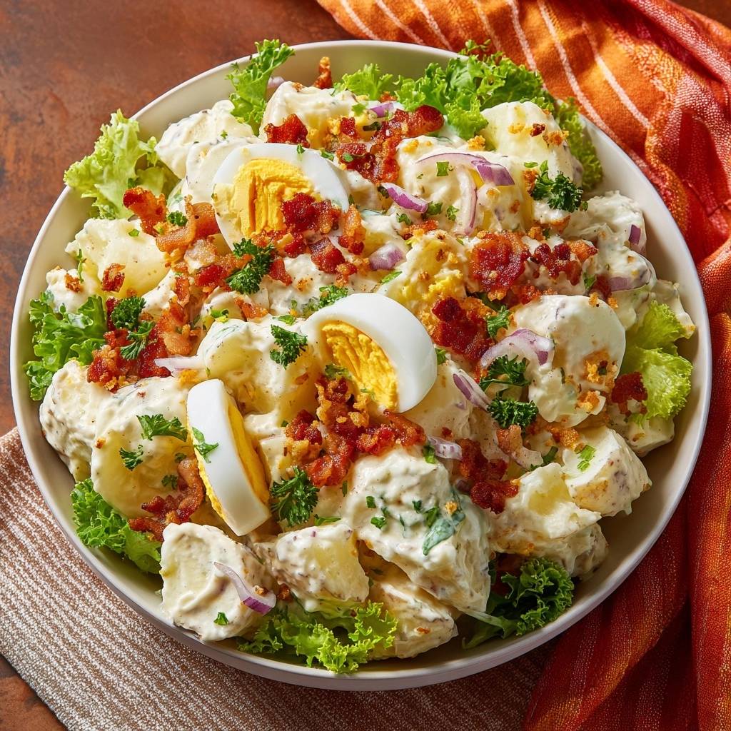 Cremiger Kartoffelsalat mit Ei und Bacon, garniert mit frischer Petersilie und roter Zwiebel, in einer Schüssel serviert.