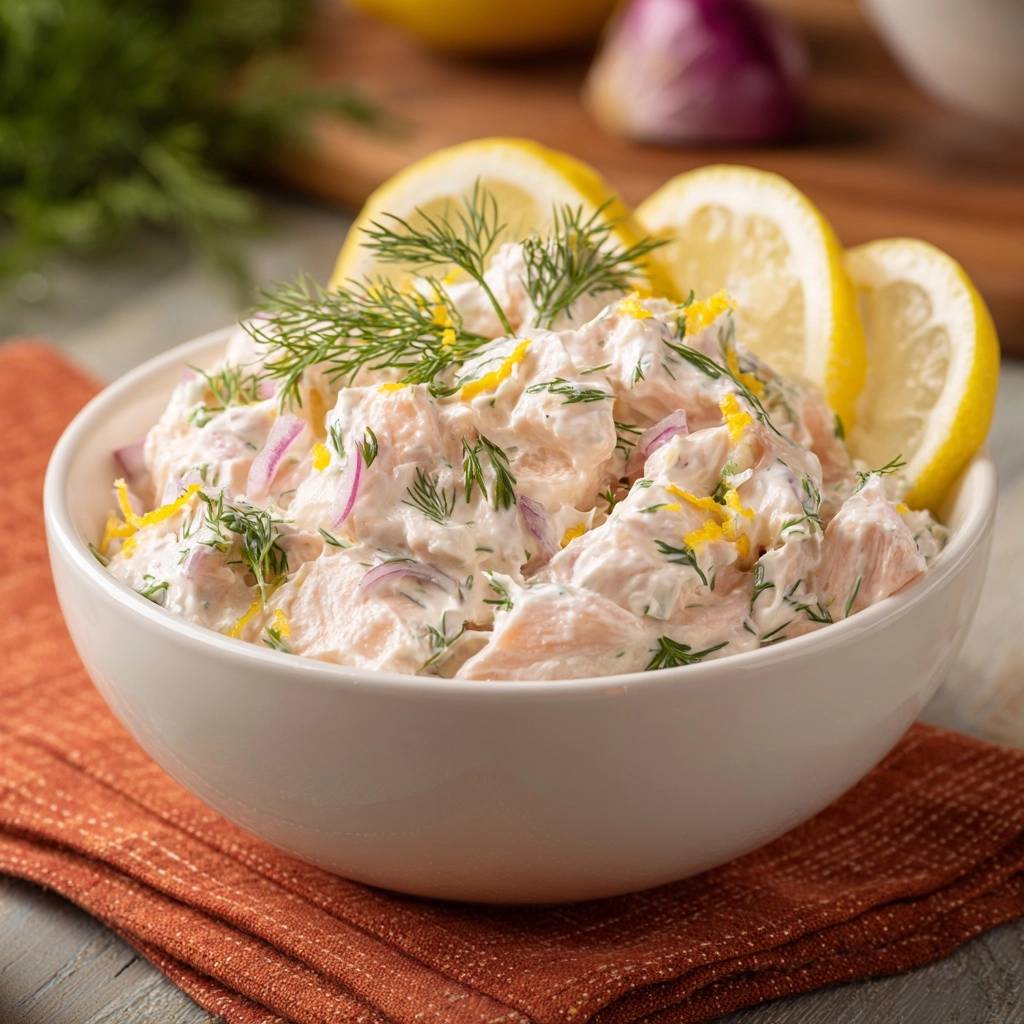 Cremiger Lachs-Dill-Dip, garniert mit frischem Dill, Zitronenzeste und Zitronenscheiben in einer weißen Schüssel.