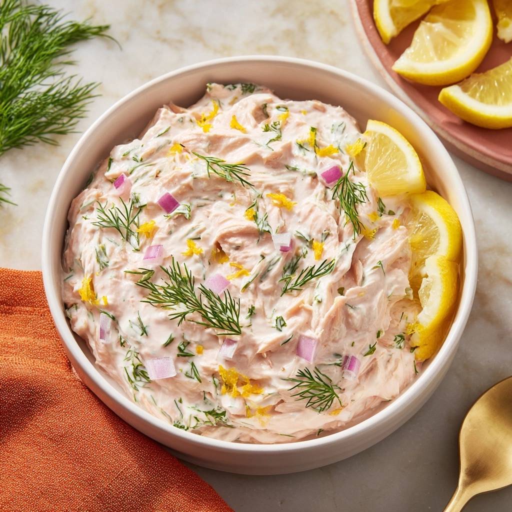 Cremiger Lachs-Dill-Dip mit frischem Dill, roten Zwiebeln und Zitronenzesten, garniert mit Zitronenspalten.