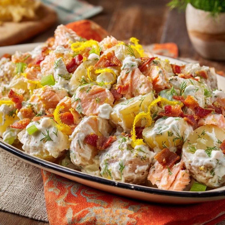 Cremiger Lachs-Kartoffelsalat, reichlich garniert mit Dill, Speck und Zitronenzesten auf einer Servierplatte.